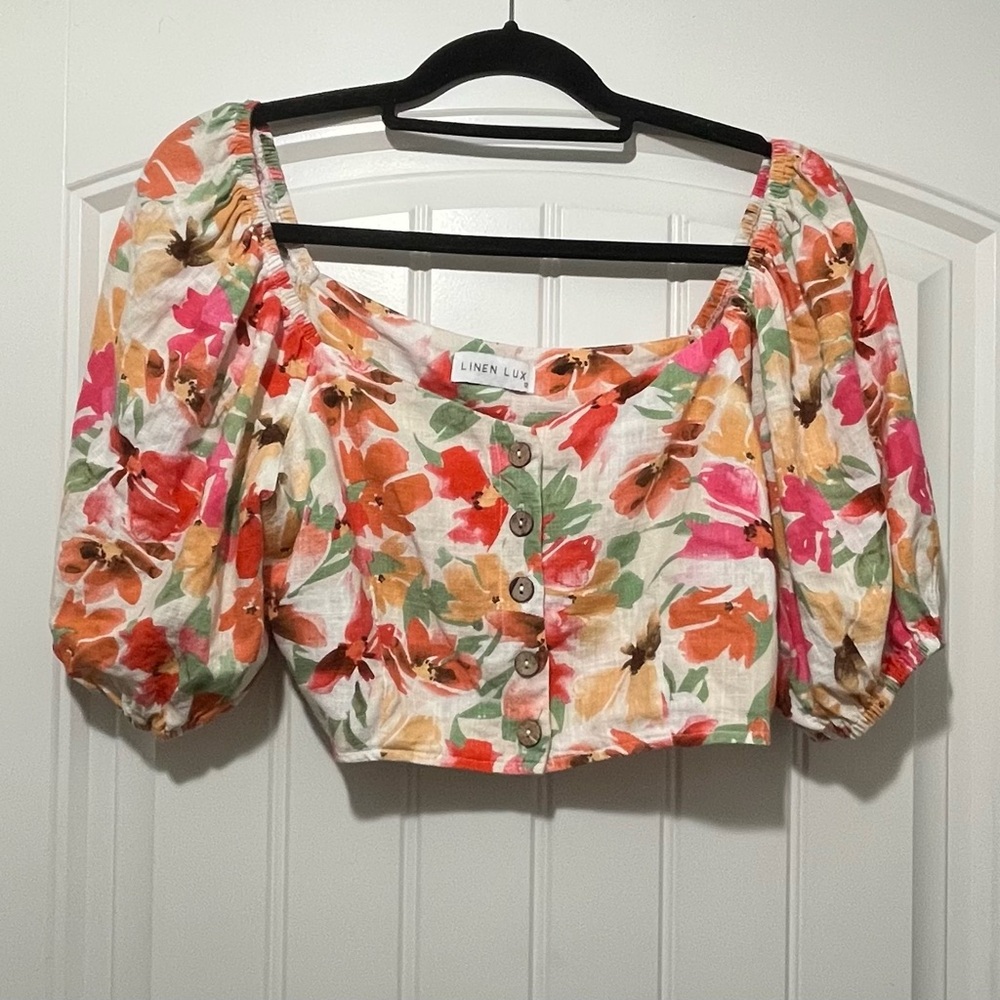 Linen Lux Floral Puff Sleeve Crop Top, Size 12